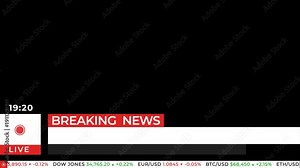 Breaking news lower third overlay animation. Red and white broadcast television graphic overlay with live badge and financial stock market ticker scrolling at bottom. Journalism and media concept.
