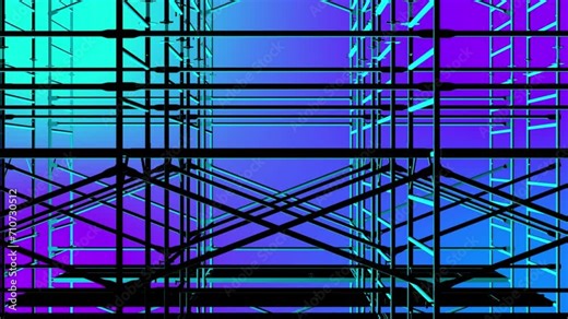 High resolution animation with gradient background. iron or other metal in silhouette with light reflections. skeleton grid building