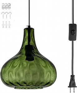Vintage Plug in Pendant Light Fixture - Hammered Dark Green Glass Shade,Mid-Century Modern Plug in Hanging Pendant Lamp with 14.7 ft Cord for Living Room Corner Room Bedroom Farmhouse