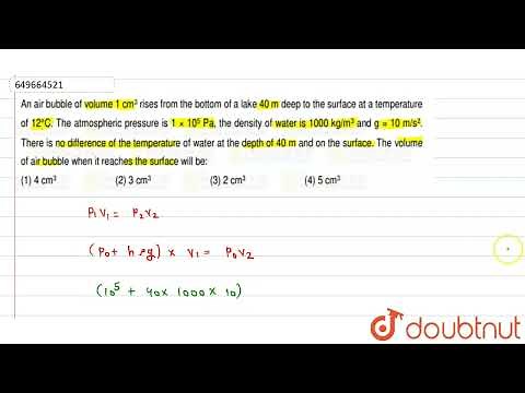 An air bubble of volume 1 cm^(3) rises from the bottom of a lake 40 m deep to the surface at a t...