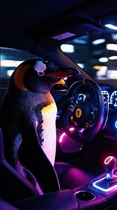 Penguin Night Drive with Neon Lights | Cyberpunk Arctic Vibes | Nebula Shots