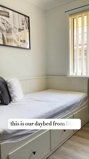 IKEA HEMNES 😍 This is the HEMNES Daybed from @ikea_australia . It is versatile and perfect for when you don’t have a lot of space but want to be prepared for visitors who may stay over. The website says it converts to a double bed but I feel like it’s actually more a queen size as the quilt I’ve used here is a queen and covers it exactly. The storage drawers are a large size and perfect for me to store extra quilts and throws. Excuse my rough bed styling thought I’d quickly make a reel showing 