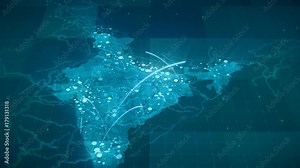This animated blue India map with connections between important centers of cities or other indicators. Perfect For: hi-tech promotion, dynamic slideshows,, trailers, sci-fi openers and etc.