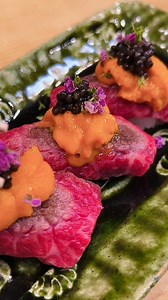 Sendai Wagyu Beef Tataki Nigiri🥩 This combination is the best ‼️ ■ Ingredients -Sendai Wagyu Beef -Sea urchin -Caviar -Wasabi -Hojiso flowers -Sushi rice -Homemade soy sauce -Mirin -Sake -Binchotan charcoal -Straw | Hiroyuki Takeoka