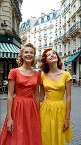 1950s Paris Beautiful Retro Fashion Dress Modeling With Street Sightseeing On A Sunny Summer Day