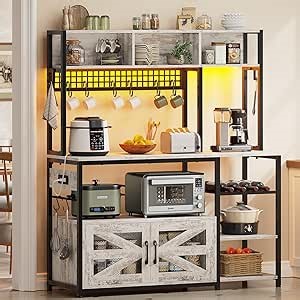 Itaar 47.2 Inch Bakers Rack with Power Outlet, Microwave Stand with Storage, Farmhouse Coffee Bar Cabinet Station with Wine Rack, Iron Mesh and 8-S Hooks, Vintage White
