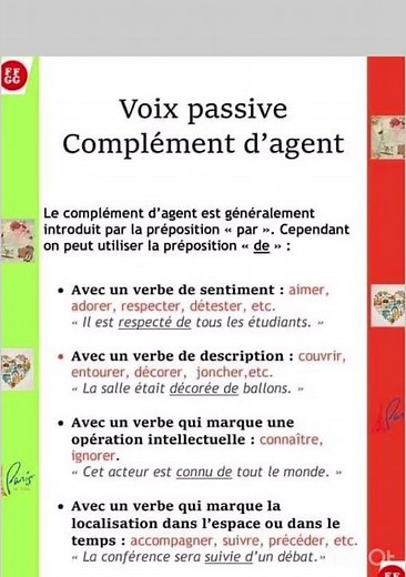 Le complément d’agent dans la voix passive peut être (par) ou ((de)