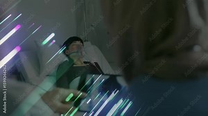 Doctor tapping tablet, animated highlight on scan, explaining findings, family comforting patient