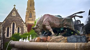 Close up of the Gefion Fountain in front of St Alban's Church in Copenhagen, Denmark