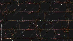 Symmetrical grid pattern with colorful lines and white dots on black background formed in a repeating arrangement, featuring shades of yellow, orange, and red