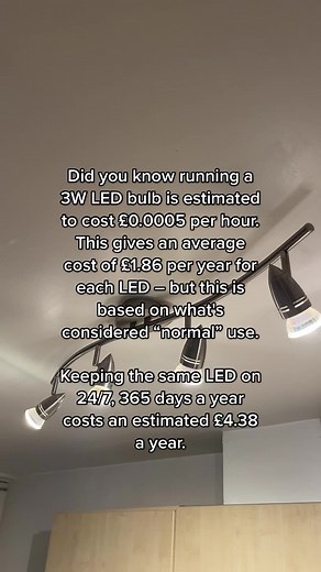Did you know running a 3W LED bulb is estimated to cost £0.0005 per hour. This gives an average cost of £1.86 per year for each LED – but this is based on what's considered “normal” use.💡 Keeping the same LED on 24/7, 365 days a year costs an estimated £4.38 a year. #energyprices #electricityprices #moneynews #moneysavingtipsuk #moneysaving #moneyhabits #savingtips #budgeting #savemoneytips #energysaving