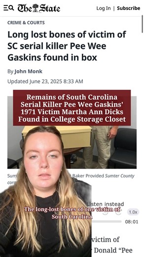 The long-lost remains of Martha Ann Dicks, a 1971 victim of South Carolina serial killer Pee Wee Gaskins, were discovered in a College of Charleston storage closet, bringing closure to a decades-old case. #southcarolina #truecrime #sccrime #crime #peeweegaskins #marthaanndicks | The State Newspaper