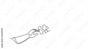 Animated self drawing of continuous line draw young happy man and woman hands put puzzle pieces together to form cute heart love shape. Romantic marriage love concept. Full length one line animation