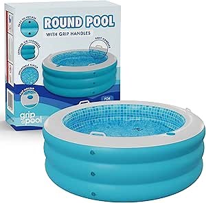 Inflatable Round Swimming Pool with Blow Up Padded Floor, Cup Holder, Handles and Drain - 60"x22" Deep Round Large Kiddie Pool Perfect for Adults and Kids Ages 4 5 6 7 8+