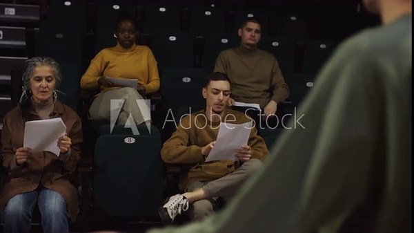 Over the shoulder view of theatrical troupe sitting in audience and applauding to actor performing on stage during rehearsal