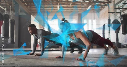 Pair of athletes starting lowered pushups, pressing and lowering for fitness, blue overlay drifting