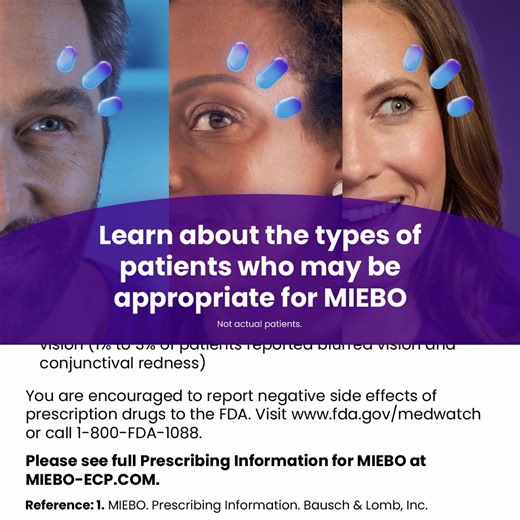 Have your patients asked you about MIEBO yet? They might after seeing a campaign that’s all about the ONLY Rx eye drop for dry eye disease (DED) that directly targets tear evaporation!¹ Please see full Prescribing Information for MIEBO at MIEBO-ECP.COM. | MIEBO® (perfluorohexyloctane ophthalmic solution): Info for Healthcare Professionals