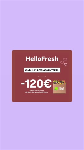 HelloFresh Rabattcode: HELLOXJASMINTEFAL Bis zu 120€ Rabatt auf die ersten Boxen (orientiert sich an der Boxgröße!) 1 Gratis-Produkt in jeder Box Das Gratis-Produkt kann zwischen Desserts, Smoothies, Snacks etc. für jede Box individuell ausgewählt werden (Nur solange der Vorrat reicht!). #hellofresh #hellofreshcode #hellofreshrabattcode #hellofreshrabatt hellofresh kochbox frischezutaten einfachkochen familiengerichte schnelleküche gesundeernährung wochenplan abendessen rezeptideen kochenleichtg