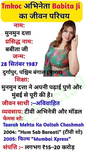 Tmkoc अभिनेता मुनमुन दत्ता (बबीता जी) का जीवन परिचय #gk #babitaji #tmkcc#biography #jethalal