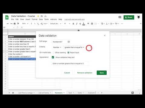 Restrict cell input to numbers only: Data Validation: Google Sheets