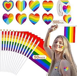 EOBOH 50 Pack Pride Flags and 500pcs Stickers, Mini Handheld LGBTQ Rainbow Flags, Gay Rainbow Heart Stickers Bulk, Small Handheld Pride Flags, Lesbians Pride Month Stuff Set for Parade Party
