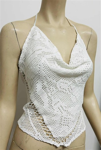Handmade Crochet Lace Halter Top: White Floral Boho Style - Etsy