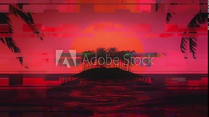 3d tropical glitch sunset with island and palm trees. Ocean and neon sun in glitch synthwave and new retrowave aesthetics 80s 90s