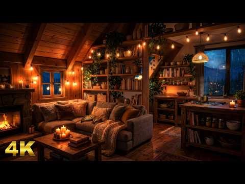 Thunderstorm in a Divided Cabin ⛈️ Cozy Living Room, Fireplace & Kitchen Ambience