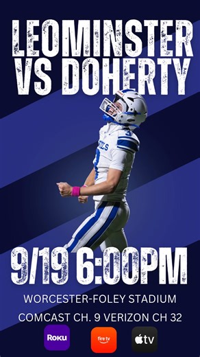 LTV will be going LIVE at 6:00PM for Leominster v.s. Doherty Memorial. Go Blue Devils! You can tune into our live coverage or download our apps. Where to watch? Cable: Xfinity - Channel 9 Verizon Fios - Channel 32 Stream Online Below or on the apps Apple TV, ROKU, and Fire TV https://videoplayer.telvue.com/player/m-2Fvz8xhxNtIFGMxiGzJrgCaIr0cVZT/stream/1002?showtabssearch=true&autostart=true&fullscreen=false | Leominster.TV