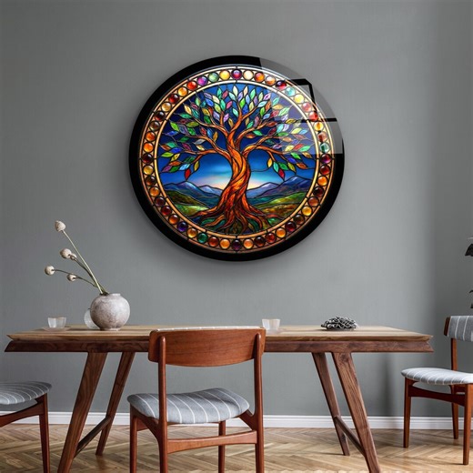 Stained Glass Tree of Life Round Wall Decor, Tempered Glass Print, Colorful Glass Circle Art, Wedding Anniversary Gift - Etsy