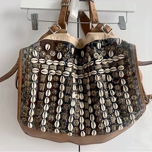 FREE PEOPLE Leather Canvas Cowrie Shells Beaded Backpack Bag Ivory/Brown