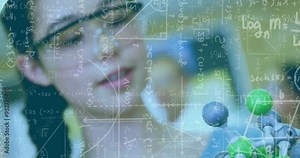 Mathematical equations and formulas animation over person working in laboratory