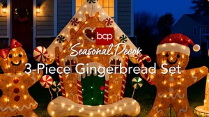 3pc Gingerbread Man Family 2D Christmas Yard Decor, 4ft Light Up Holiday Lawn Decoration w/House, 185 LED Lights