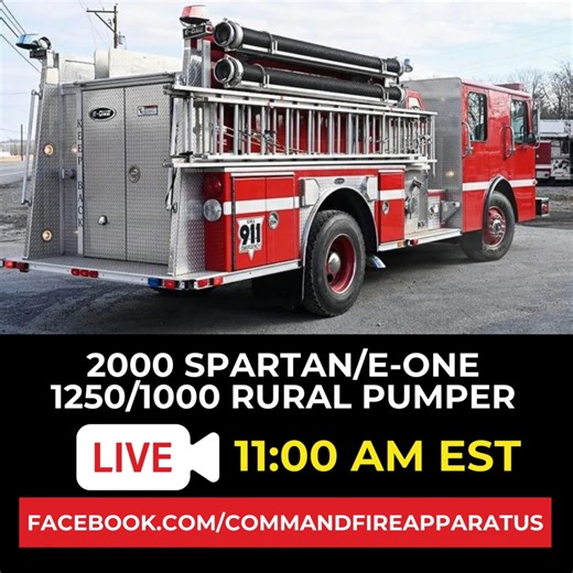 ONE HOUR until the live video tour of our 2000 Spartan/E-One 1250/1000 Rural Pumper! Head over to the Command Fire Apparatus Facebook Page at 11:00 AM EST - see you there! | Command Fire Apparatus LLC - Used Fire Trucks | Facebook