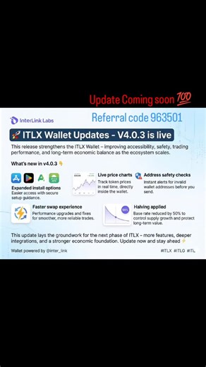 Noor|InterLink Labs,Ambassador👤⭐ on Instagram: "🚀 MAJOR UPDATE: ITLX Wallet V4.0.3 is LIVE! 🌐 The ecosystem just got stronger. This release isn't just an update; it's the foundation for the next phase of InterLink. We’ve improved accessibility, safety, and economic balance. What’s New in V4.0.3? 👇 📊 Live Price Charts: Track real-time token prices directly inside your wallet. 🛡️ Address Safety: Instant alerts for invalid addresses before you send funds. ⚡ Faster Swaps: Performance upgrades 