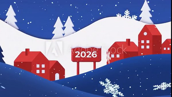 Cozy 3D cartoon winter landscape with snowy hills, Christmas trees and red houses, camera smoothly zooms through snowdrifts toward a festive sign reading 2026, perfect for New Year greeting animations