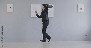 Happy dance, funny young office man dancing feeling excited cheerful overjoyed guy moving with joy. Business leader, employee proud of good career, human resource, getting new job, lucky successful