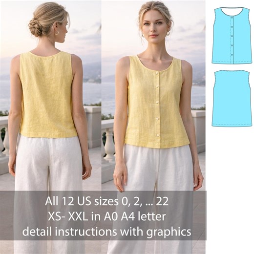 Linen Sleeveless Top Sewing Pattern PDF Button Front Linen Tank Pattern | Minimalist Summer Blouse | Linen Shell Top | Sizes 0–22 - Etsy