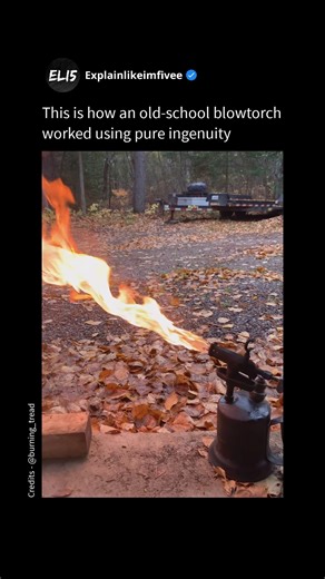 ELi5 | SM on Instagram: "An antique gasoline blowtorch worked by using liquid fuel and basic principles of heat, pressure, and combustion to produce a powerful, focused flame. Inside the metal body of the torch was a small fuel tank filled with gasoline. Before lighting, the user first preheated the torch by burning a little fuel in a shallow cup beneath the nozzle. This preheating step was essential because gasoline needs to turn into vapor to burn cleanly and steadily. As the metal around the