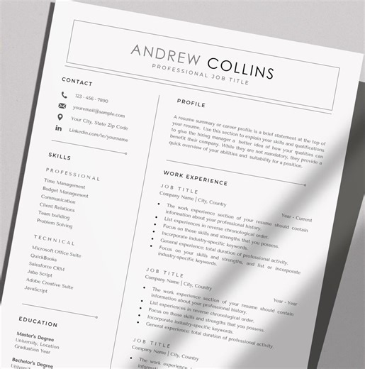 Professional Word Resume | Clean Modern CV | Editable | Instant Download - Etsy