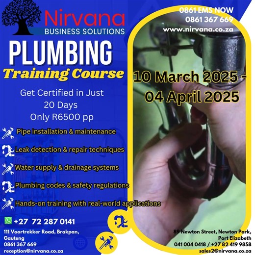 Become a certified plumber in just 20 days Course starts 10 March 2025 - 04 April 2025 Come start a hands on Career and gain the skills needed for this high demand trade. Practical and theoretical Training Enroll now - Limited spots available | Nirvana Business Solutions | Facebook