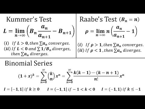 Infinite Sequences and Series: Kummer’s Test, Raabe’s Test, and Convergence of Binomial Series