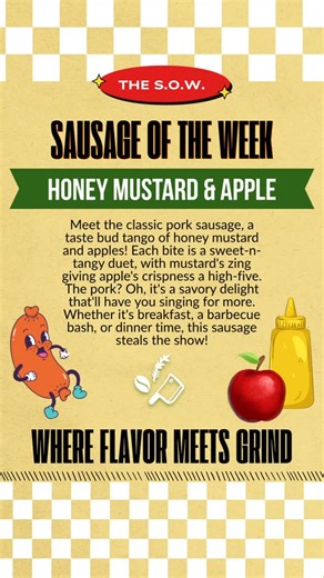 Butcher & Bean on Instagram: "🌭 Sausage of the Week: Honey Mustard Apple 🍯🍎 Sweet. Tangy. Savory. It’s a full-on taste bud tango — honey’s smooth sweetness, mustard’s zing, crisp apple, and classic pork bringing it all home. Breakfast skillet? Grill it up? Dinner hero? This one steals the show every time."