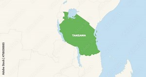 World Map Zoom In To Tanzania. Animation in 4K Video. Green Tanzania Territory On Blue and White World Map