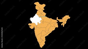 Rajasthan map animated video. Rajasthan location in India highlighted color with transparent background in video format. Map of India . Map with artificial intelligence concept
