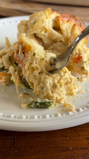 Chicken Pot Pie Casserole We love chicken pot pie but are sometimes looking for an easier recipe without working with pie crust. This is the perfect easy one dish meal that has all of your favorite pot pie flavors without the fuss. The secret is using biscuits to achieve that great pot pie crusty goodness in place of pie crust. It’s a super easy perfectly cozy winter meal. 2 c rotisserie chicken 1 can cream of chicken with herbs 1 c sour cream 1.4 c milk 1 c shredded cheddar 1 c frozen mixed veg