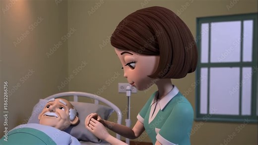 A cartoon nurse standing beside a patient's bed in a hospital room in a video about healthcare