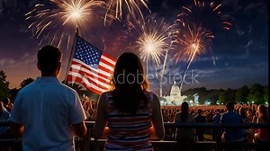 Back view of American people enjoying fireworks and waving flags during the 4th of July celebration, highlighting patriotic festivities and national pride video animation