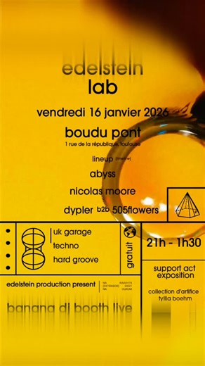EDELSTEIN on Instagram: "🍌 BANANA DJ BOOTH LIVE 🍌 Première 2026 — Toulouse 📍 @boudupont [1 rue de la république,Toulouse] 🗓️ Vendredi 16 janvier 2026 🕘 21h - 1h30 🆓 Gratuit ⚠️ Free Banana Ⓜ️ Métro Saint-Cyprien On lance 2026 avec un nouveau concept aussi fou que savoureux : 👉 Banana DJ Booth Live Un DJ booth littéralement envahi de bananes Lineup @abyssmusic_ [ @thrill_club ] @nicolas_moore_ [ @familypiknikofc ] @dypler_ b2b @505flowers [ résidents edelstein ] 🎨 Exposition éphémère Pour 