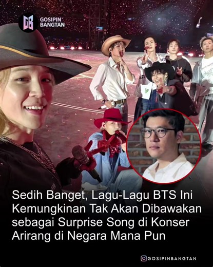 Sedikit info army Beberapa lagu bts kemungkinan besar nggak bakal di bawain lagi sama member bts termasuk di world tour arirang ini🥺jadi mengingat dulu banyak cuitan army di Twitter pada tahun 2023 dimana salah satu komposer atau penulis lagu lagu yang pernah bekerja sama dengan bighit alis yg bekerja sama dengan BTS maupun txt ,di tahun 2022 si penulis ini dijatuhi hukuman penjara selama satu tahun dan netizen Korea itu menuntu agar lagu lagu atau karya si penulis tadi diboikot agar tidak memb